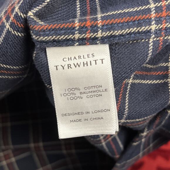 Charles Tyrwhitt Flannel Shirt Mens XXL Blue Plaid Classic Fit Non Iron Button - Picture 5 of 10